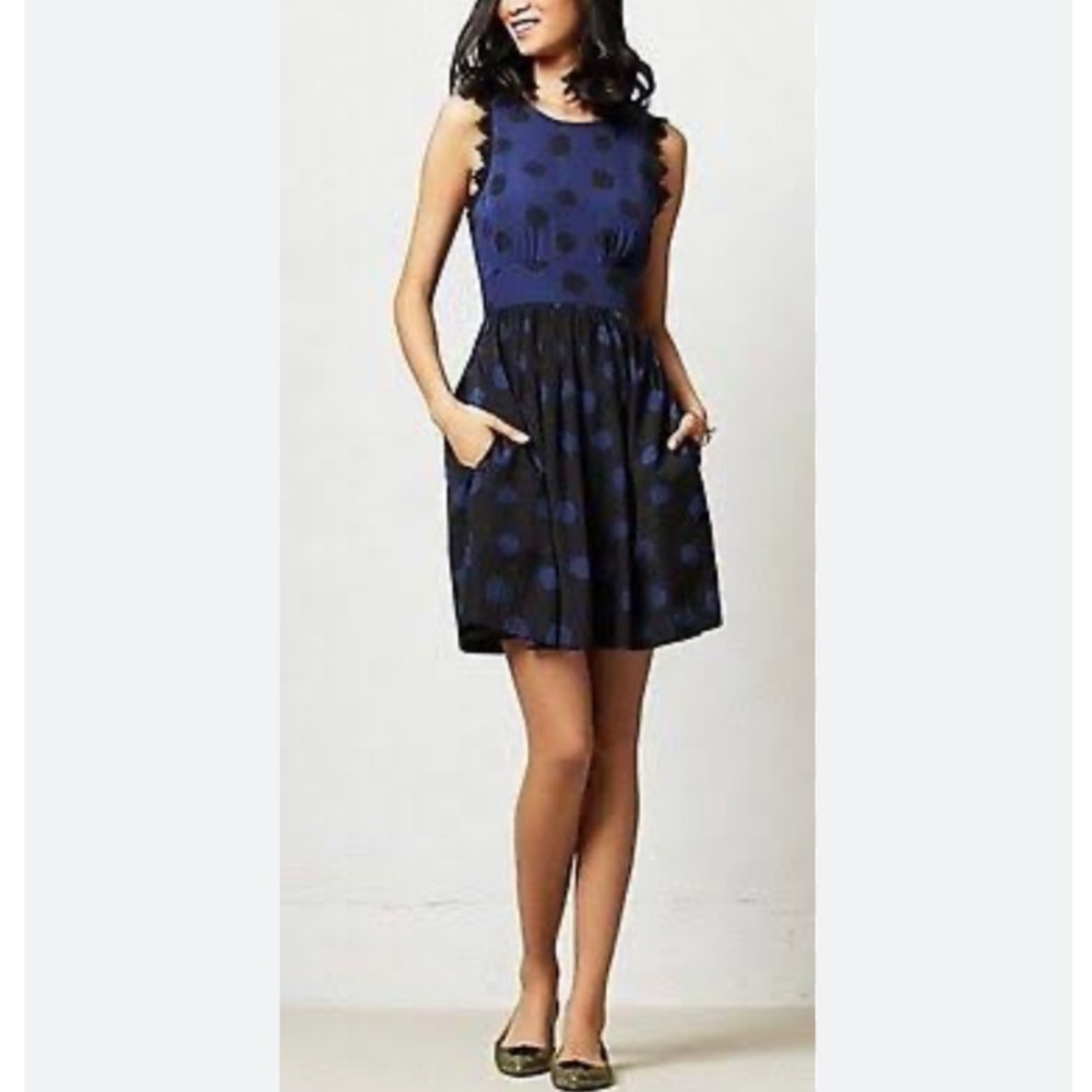 Anthropologie Corey lynn Calter navy and black polka dot dress